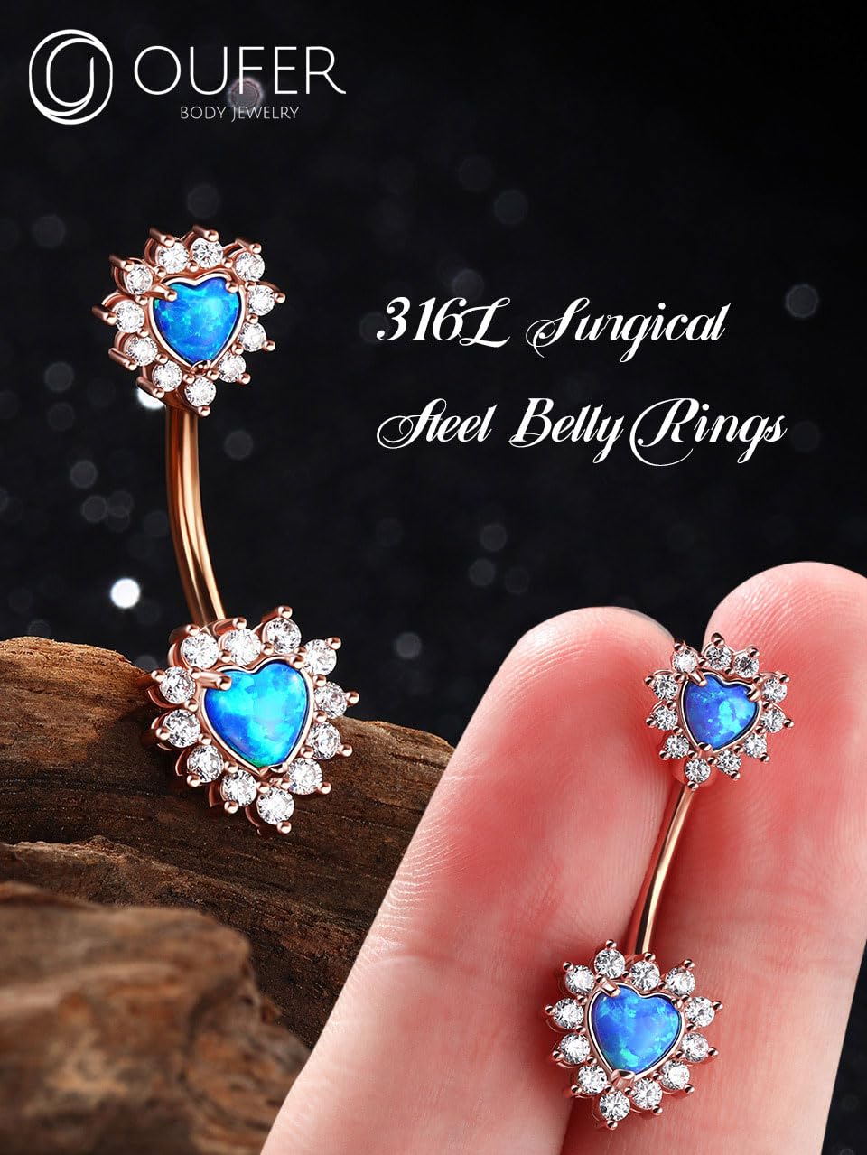 OUFER 14G Belly Button Rings, 316L Surgical Steel Belly Rings, Double Heart Cubic Zircon Filigree Opal Navel Rings Belly Piercing Jewelry For Women And Men-Blue