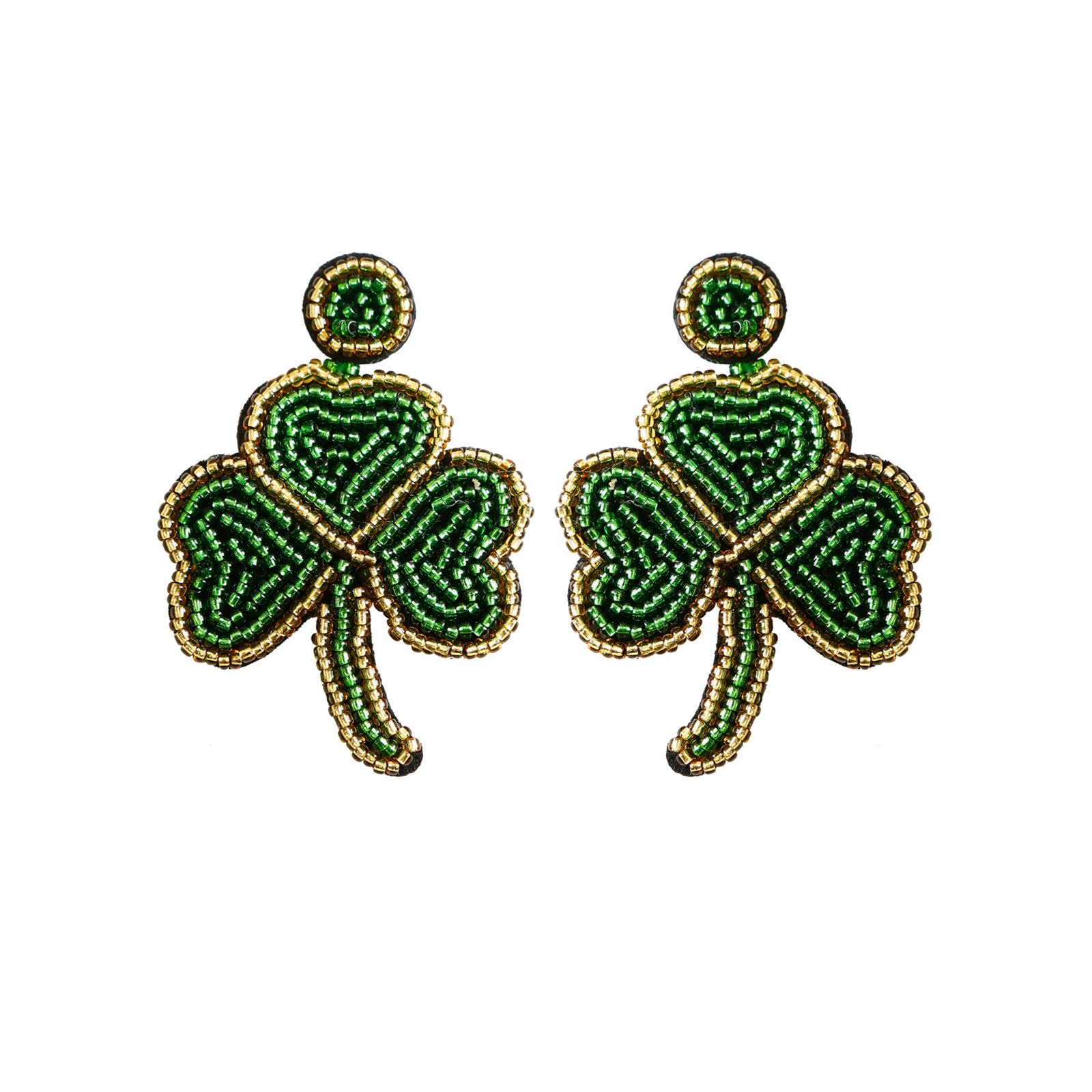 St. Patrick's Day Green Leaf Beaded Dangle Earrings Handmade Braid Irish Shamrock Shape Earrings for Women Jewelry(B)