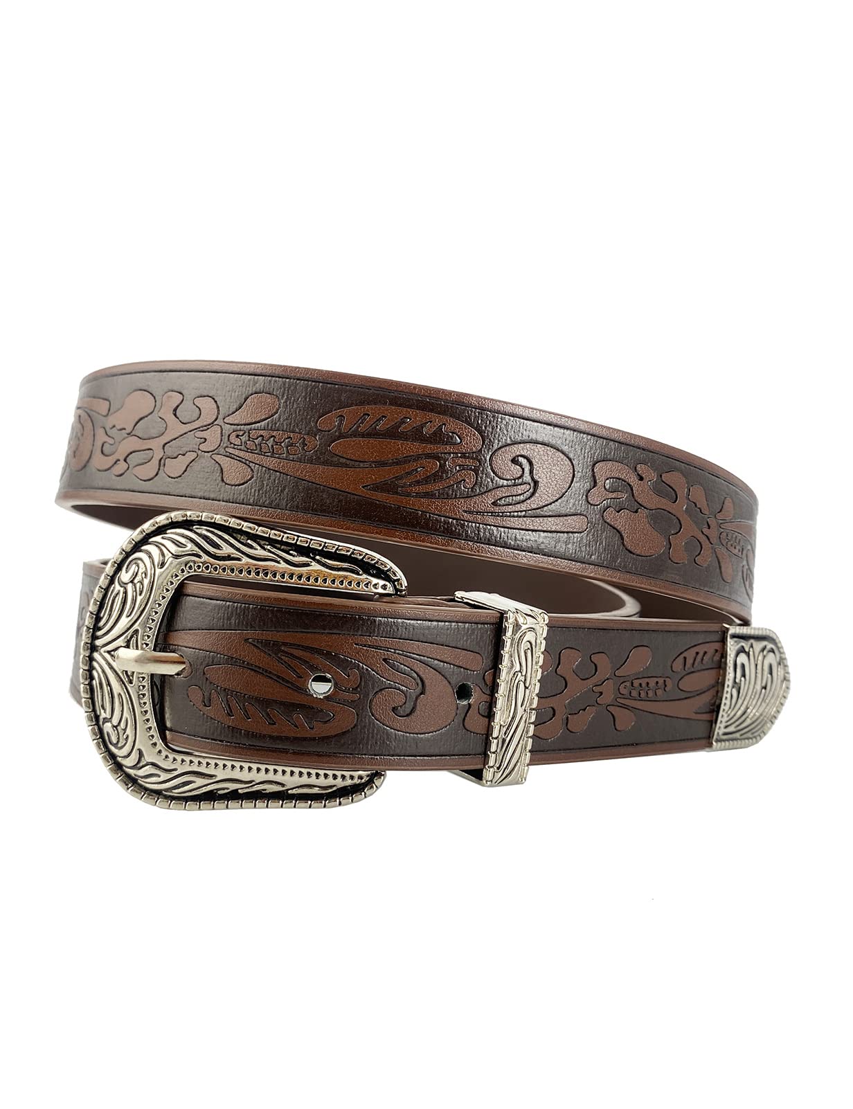 TOPACC Western Embossed Engraved Tooled Leather Belt for Women Brown Cowgirl Cowboy Country Belts for Jeans Pants Girls