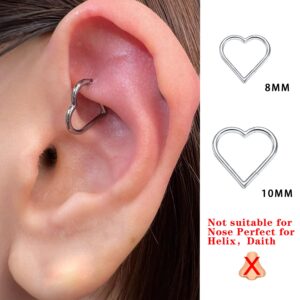 ENVYOU 2 Pcs Heart Daith Piercing Jewelry, Hypoallergenic Clicker Hoop, 16G Rook Cartilage Helix Earrings (16G 8mm+10mm, Heart Silver)