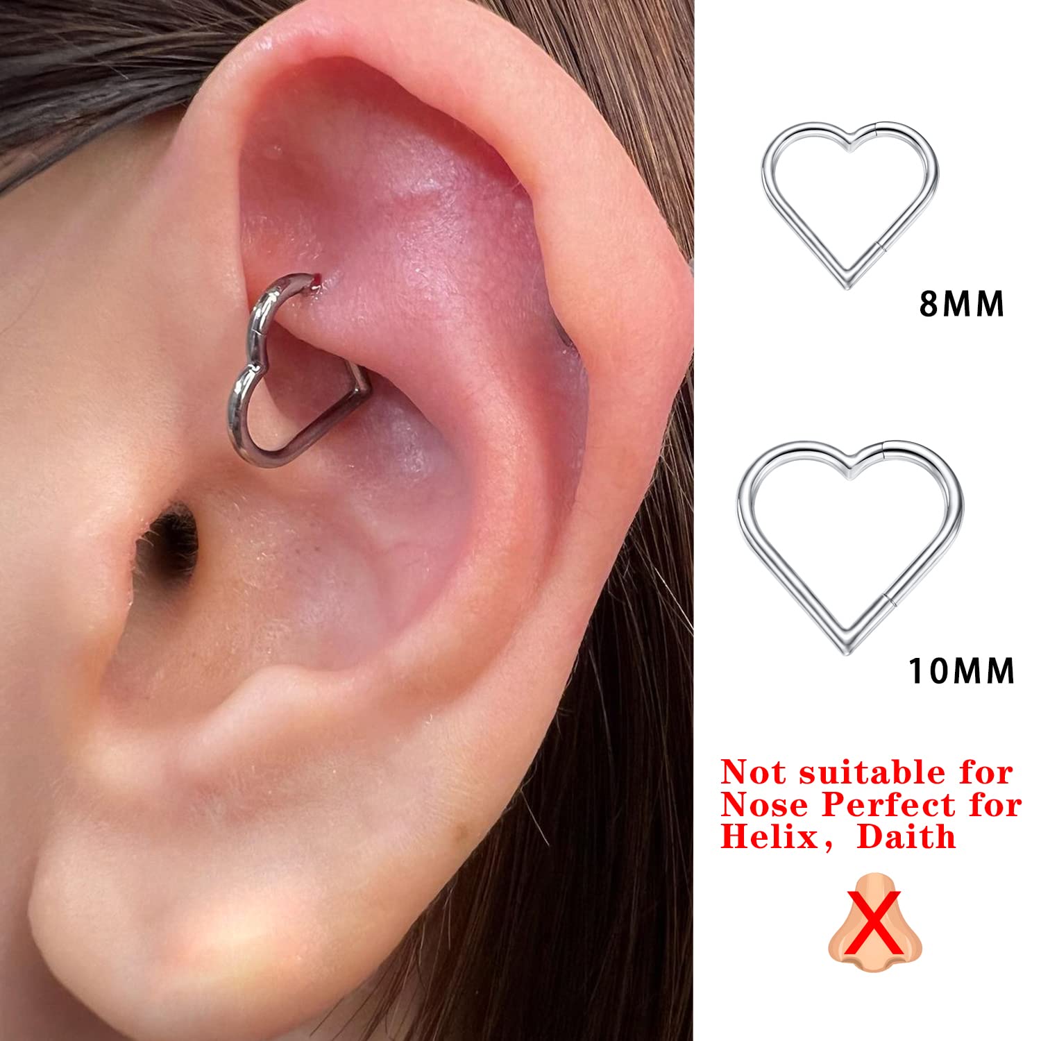 ENVYOU 2 Pcs Heart Daith Piercing Jewelry, Hypoallergenic Clicker Hoop, 16G Rook Cartilage Helix Earrings (16G 8mm+10mm, Heart Silver)