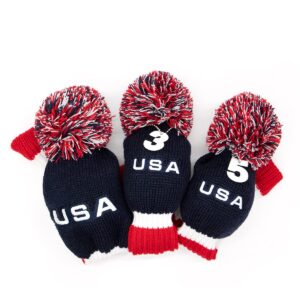 3pcs Pom Pom Golf Headcovers, 1 3 5 Golf Wood Headcovers Set, Knitted Golf Club Head Cover, Long Neck Golf Club Case Protection, Patriotism US Flag Pattern