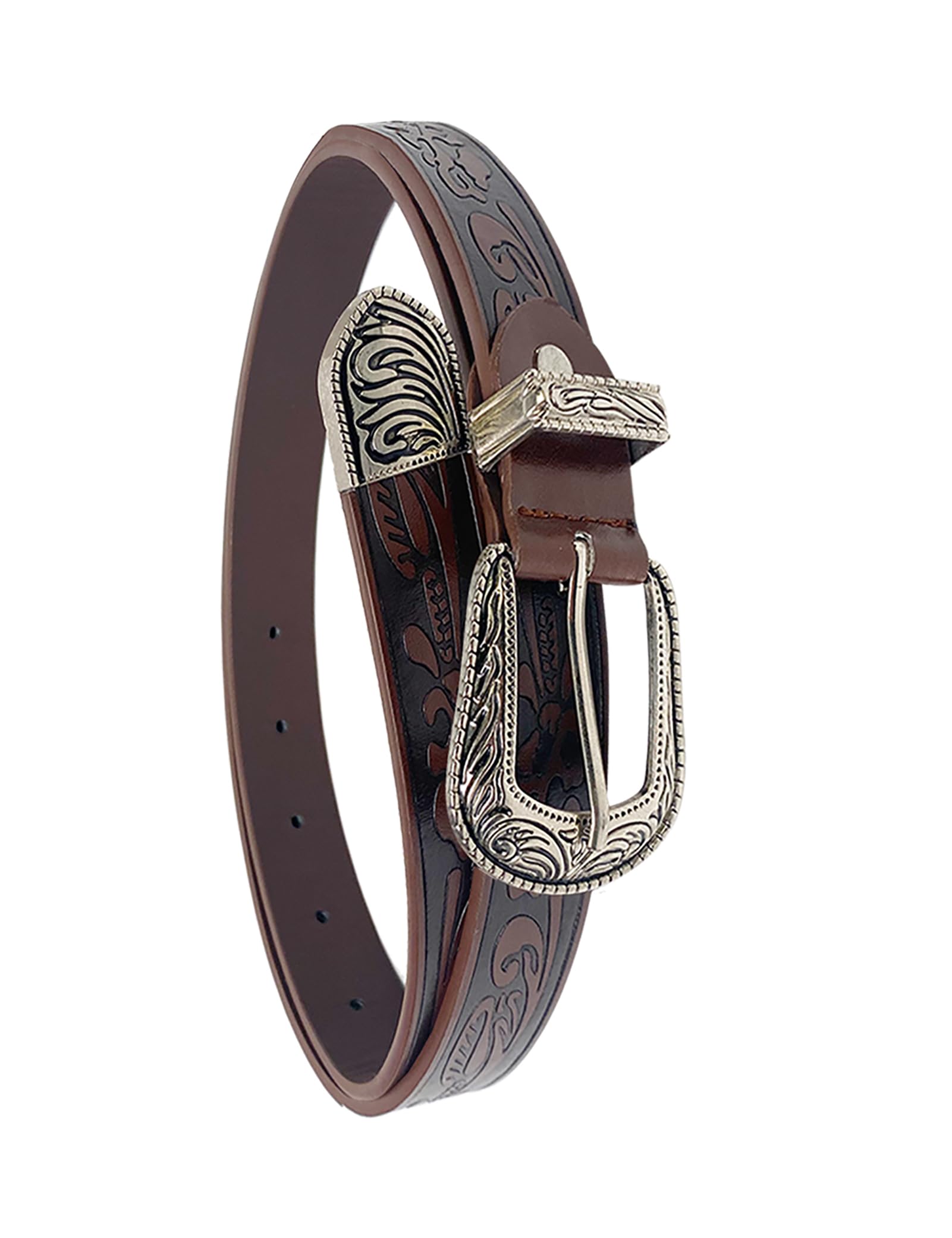 TOPACC Western Embossed Engraved Tooled Leather Belt for Women Brown Cowgirl Cowboy Country Belts for Jeans Pants Girls