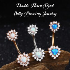 OUFER 14G Belly Button Rings, 316L Surgical Steel Belly Rings, Double Heart Cubic Zircon Filigree Opal Navel Rings Belly Piercing Jewelry For Women And Men-Blue