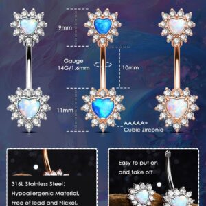 OUFER 14G Belly Button Rings, 316L Surgical Steel Belly Rings, Double Heart Cubic Zircon Filigree Opal Navel Rings Belly Piercing Jewelry For Women And Men-Blue