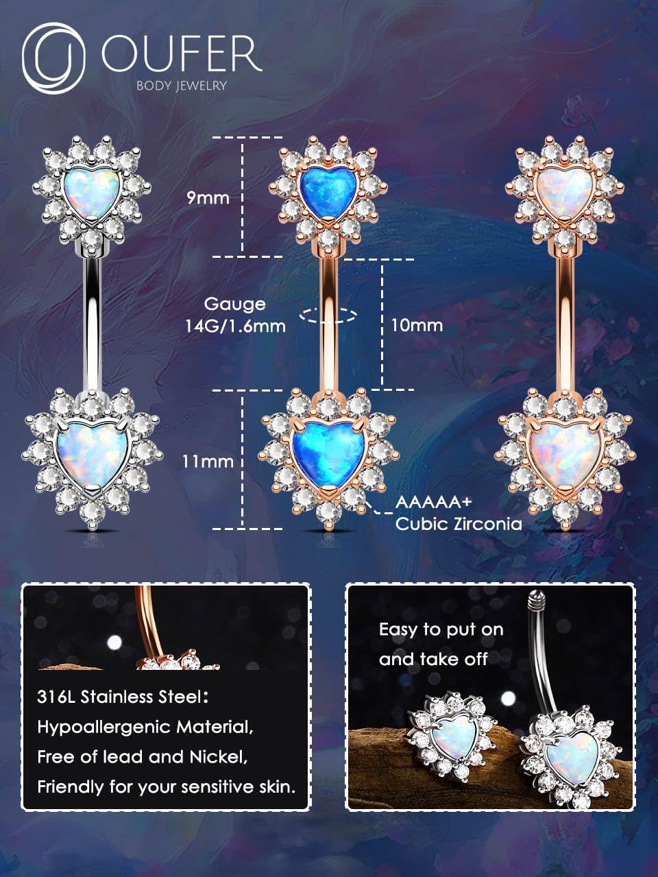 OUFER 14G Belly Button Rings, 316L Surgical Steel Belly Rings, Double Heart Cubic Zircon Filigree Opal Navel Rings Belly Piercing Jewelry For Women And Men-Blue