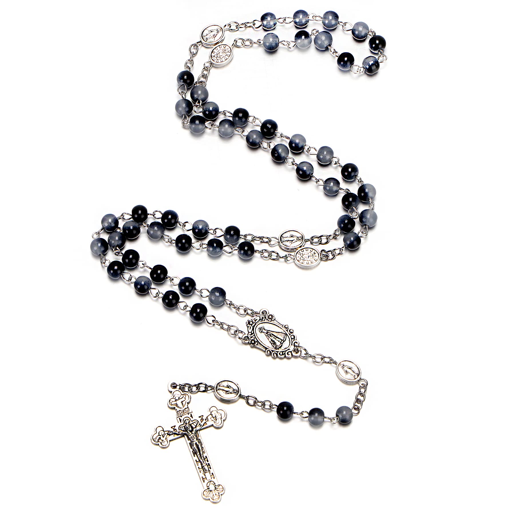 Rnivida Catholic Black Beads Rosary for Women, Miraculous Medal 6MM Glass Beads Rosary Necklace with Virgin Mary Metal & Cross