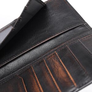 DK86 Deer Long Wallet For Men Full Grain Leather with Hand Burnished Rfid Blocking Rodeo Wallet Bifold Wallet Deer Wallet, Black and Orange