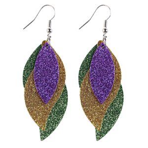 colorful mardi gras carnival leaf shape leather dangle earrings layered shining mardi gras theme teardrop earrings for womenjewelry(d)