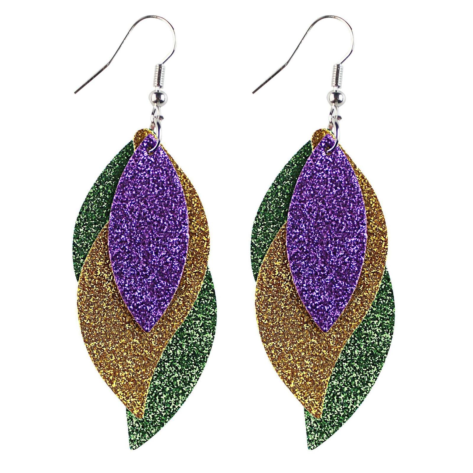 Colorful Mardi Gras Carnival Leaf Shape Leather Dangle Earrings Layered Shining Mardi Gras Theme Teardrop Earrings for WomenJewelry(D)