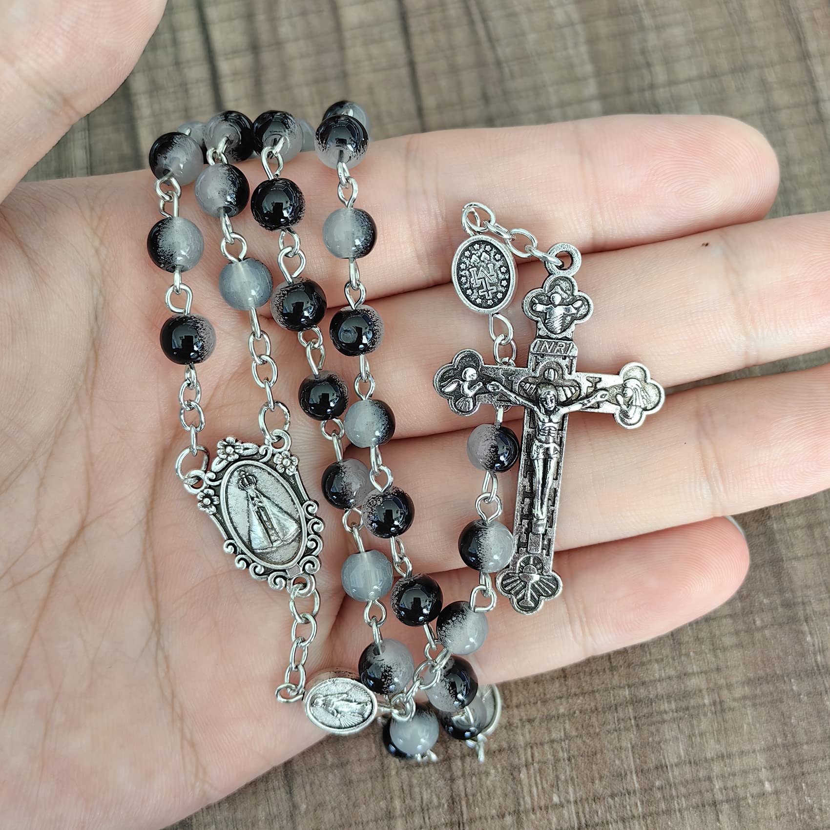 Rnivida Catholic Black Beads Rosary for Women, Miraculous Medal 6MM Glass Beads Rosary Necklace with Virgin Mary Metal & Cross