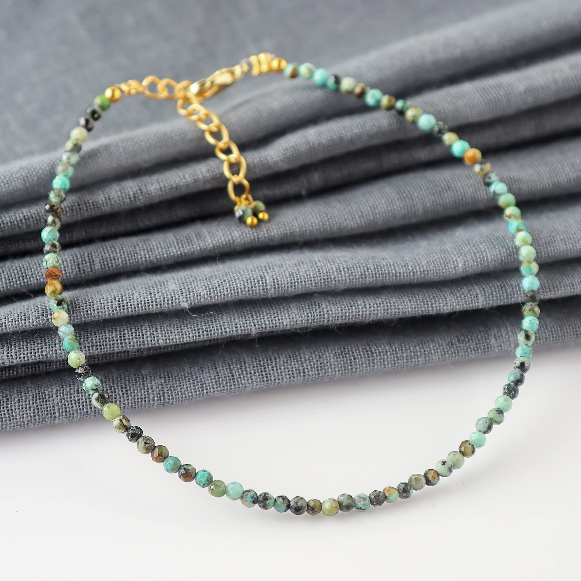 Tibetan Turquoise Dainty Beads Bracelet Natural Gemstone Birthstone Gift for her Chakra Healing Crystals Beads Jewelry Gold Plated Chain 8 inch