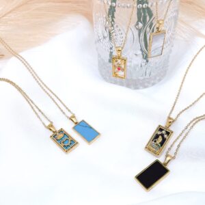 AYNN 18k Gold Plated 316L Stainless Steel Square Colorful Enamel Tarot Cards Pendant Necklace Jewelry Hypoallergenic (Empress)