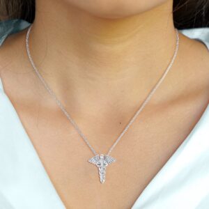 Poshadime Caduceus Necklace for Women 925 Sterling Silver Doctor Nurse Themed Pendant Angel Wings Snake Jewelry 1/20 Carat Round Cut Diamond 18" Chain Necklace (I-J Color, Metal Stone, Diamond