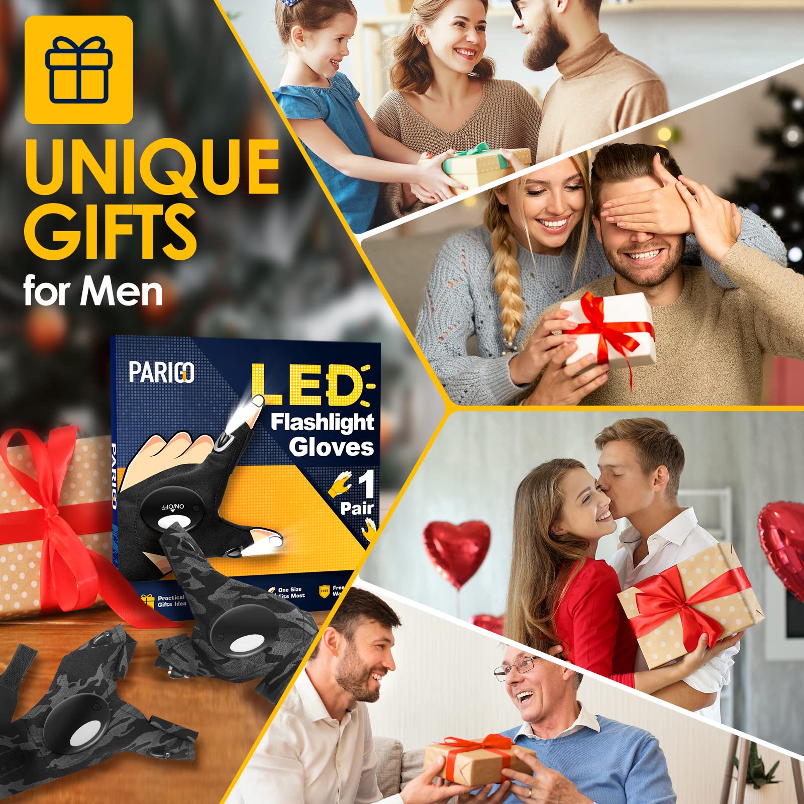 PARIGO LED Flashlight Gloves Gifts for Men Women-Valentines Day Gifts for Him Birthday Gifts for Dad Husband Him, Car Guy Unique Tool Cool Gadgets for Men Camping Accessories Fishing Gifts Camo