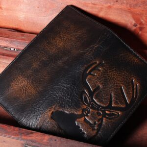 DK86 Deer Long Wallet For Men Full Grain Leather with Hand Burnished Rfid Blocking Rodeo Wallet Bifold Wallet Deer Wallet, Black and Orange