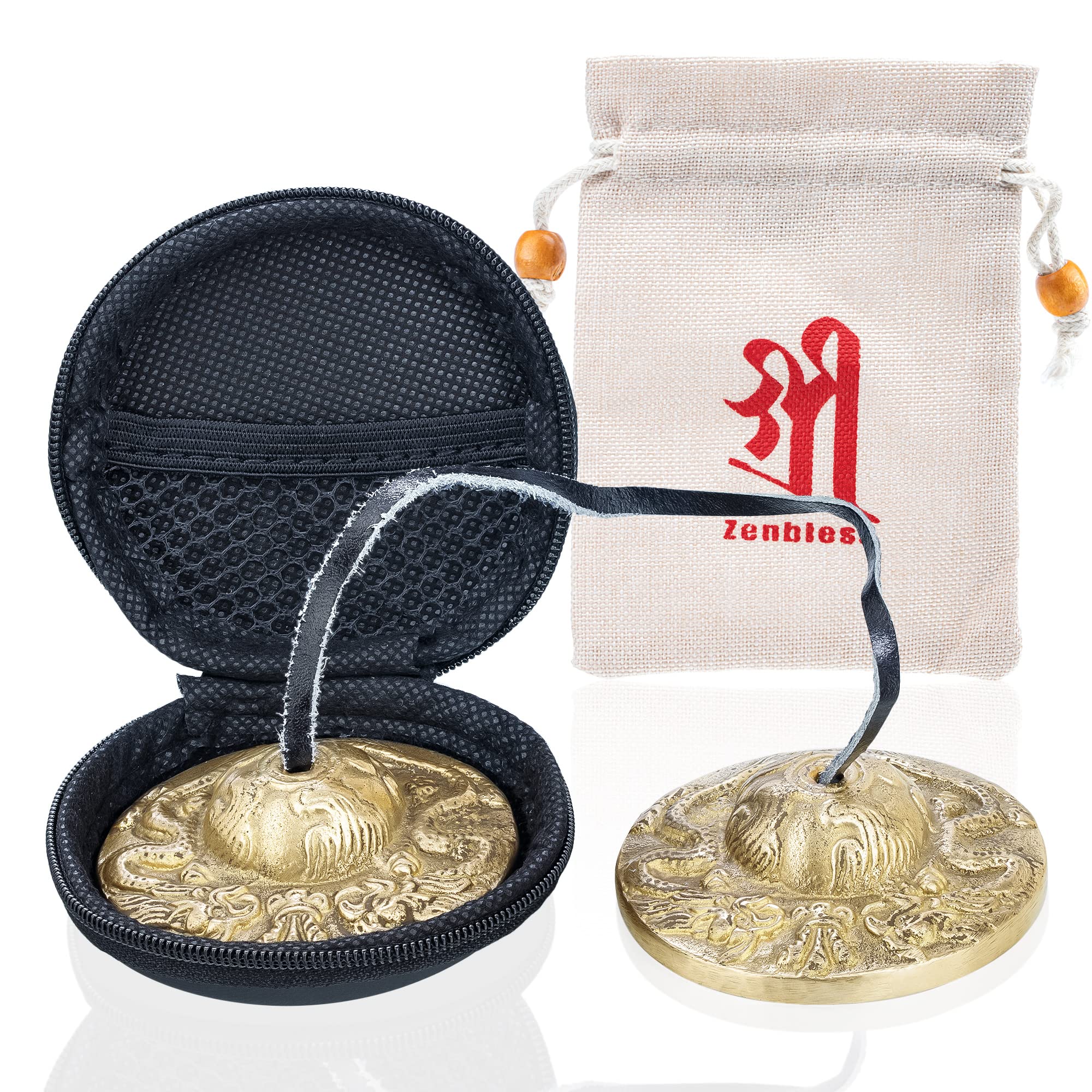 ZenBless Tibetan Dragon Embossed Tingsha Cymbals 2pcs, with Storage Box and Fabric Case, Meditation Brass Chime Bells for Spiritual Healing Mindfulness, Yoga Buddhist, Relaxation Musical Instruments