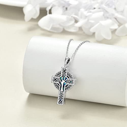 YFN Celtic Cross Urn Necklace Sterling Silver Celtic Tree of Life Ashes Pendant Abalone Shell Cross Cremation Jewelry Gifts for Women Men