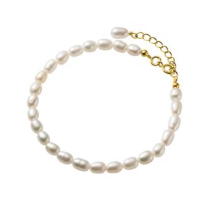 Dainty 14K Yellow Gold Pearl Beaded Bracelet,Freshwater Cultured White Pearl Bracelet for Women,Gift for Mom,Girlfriend,Wife (Style 2, 14K Gold)