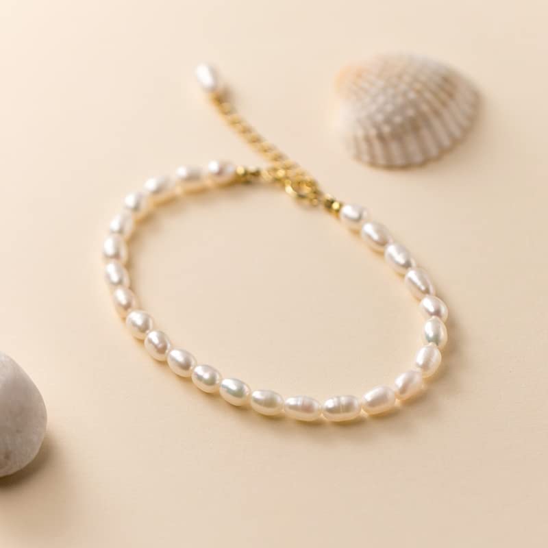 Dainty 14K Yellow Gold Pearl Beaded Bracelet,Freshwater Cultured White Pearl Bracelet for Women,Gift for Mom,Girlfriend,Wife (Style 2, 14K Gold)