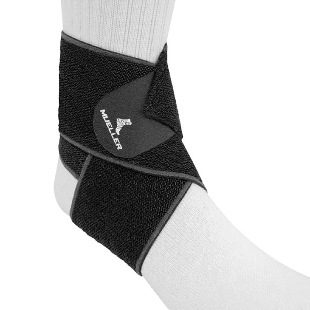 MUELLER Sports Medicine Easy Grip Adjustable Ankle Wrap, Ankle Pain Relief Support for Men and Women, Ideal for Sprains, Strains, Arthritis, Black, One Size