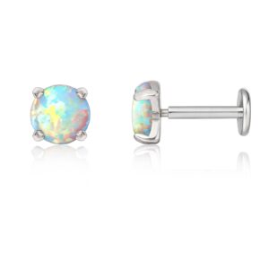 Limerencia G23 Hypoallergenic 18g Flat Back Stud Earrings | F136 Implant Grade Titanium Press Fit Threadless Push Pop in Cartilage Helix Labret Lip Monroe Tragus Piercing Studs (4mm White Opal Silver)