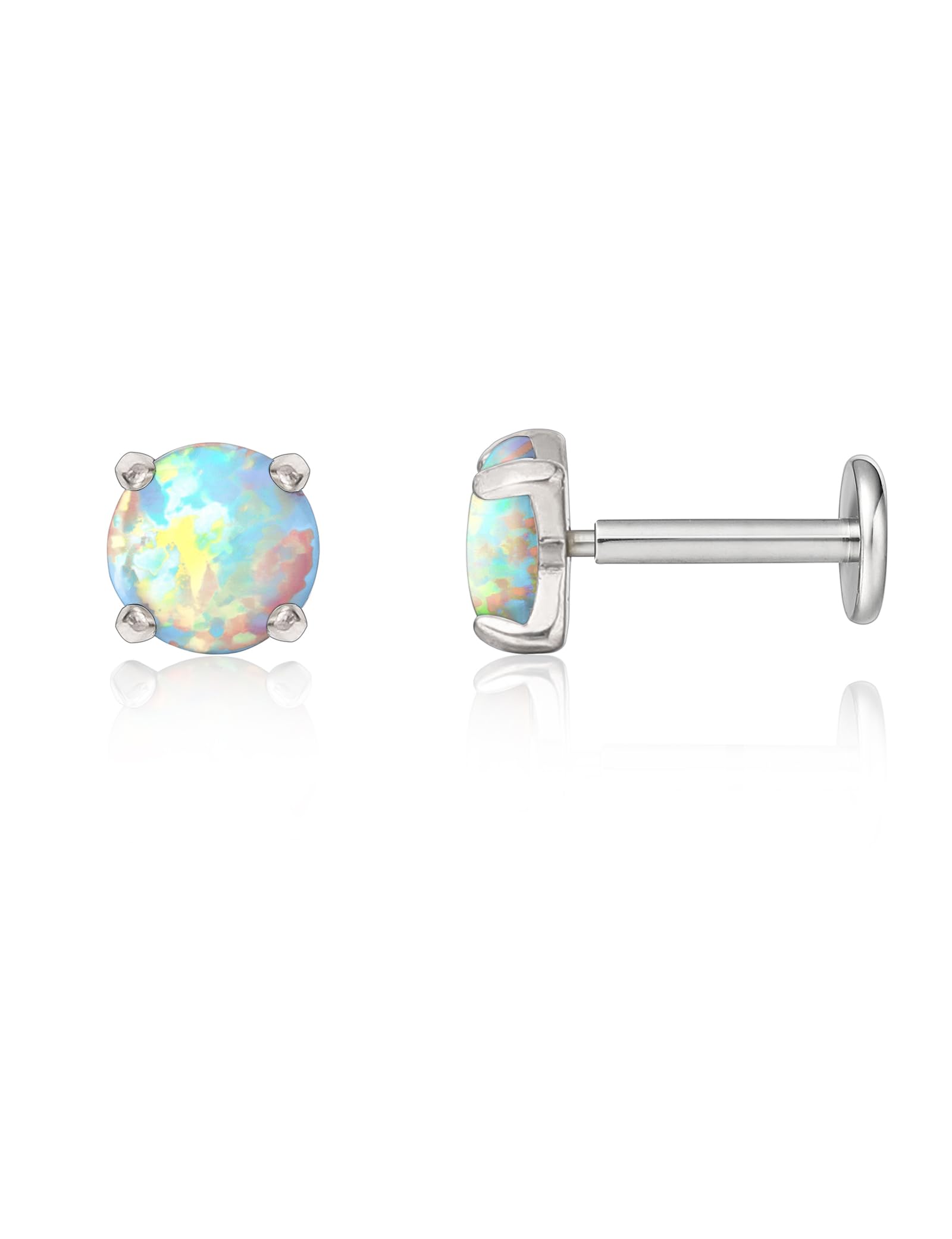 Limerencia G23 Hypoallergenic 18g Flat Back Stud Earrings | F136 Implant Grade Titanium Press Fit Threadless Push Pop in Cartilage Helix Labret Lip Monroe Tragus Piercing Studs (4mm White Opal Silver)