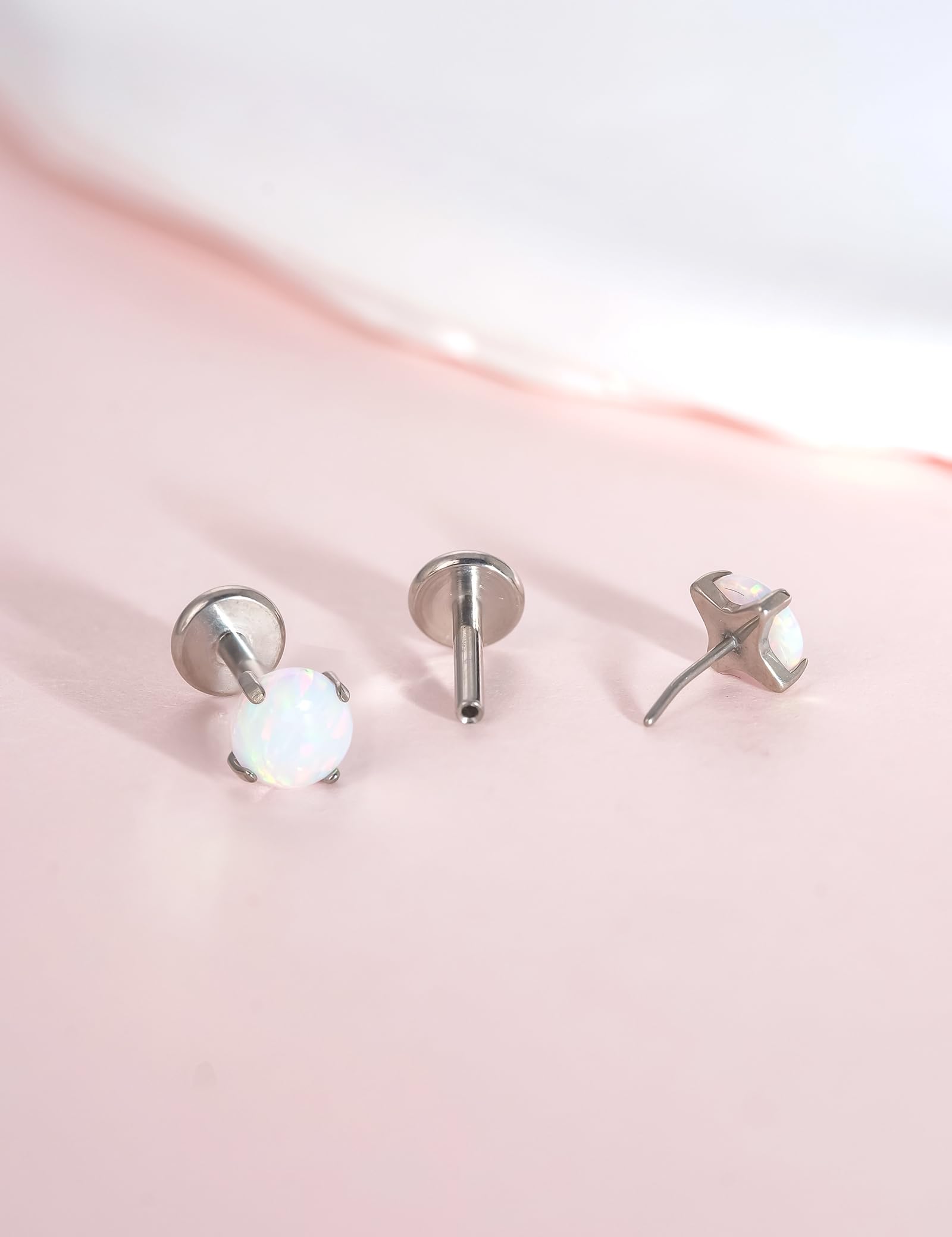 Limerencia G23 Hypoallergenic 18g Flat Back Stud Earrings | F136 Implant Grade Titanium Press Fit Threadless Push Pop in Cartilage Helix Labret Lip Monroe Tragus Piercing Studs (4mm White Opal Silver)