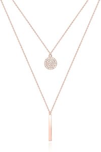 luxstra 18k gold filled necklace for women | cubic zirconia pave disc pendant necklace with bar charm | rose gold necklace for women | stackable necklace choker