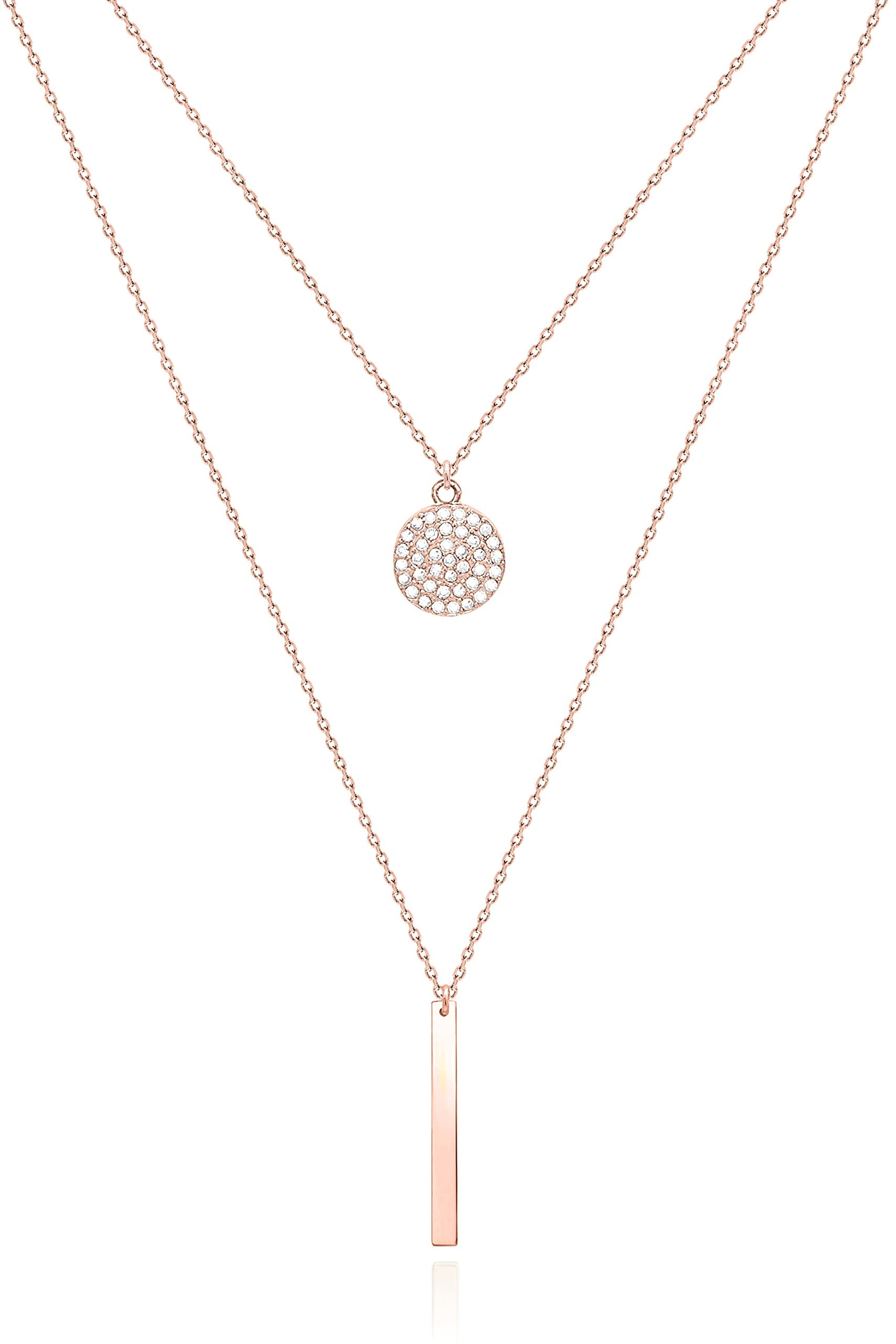 LUXSTRA 18K Gold Filled Necklace for Women | Cubic Zirconia Pave Disc Pendant Necklace with Bar Charm | Rose Gold Necklace for Women | Stackable Necklace Choker