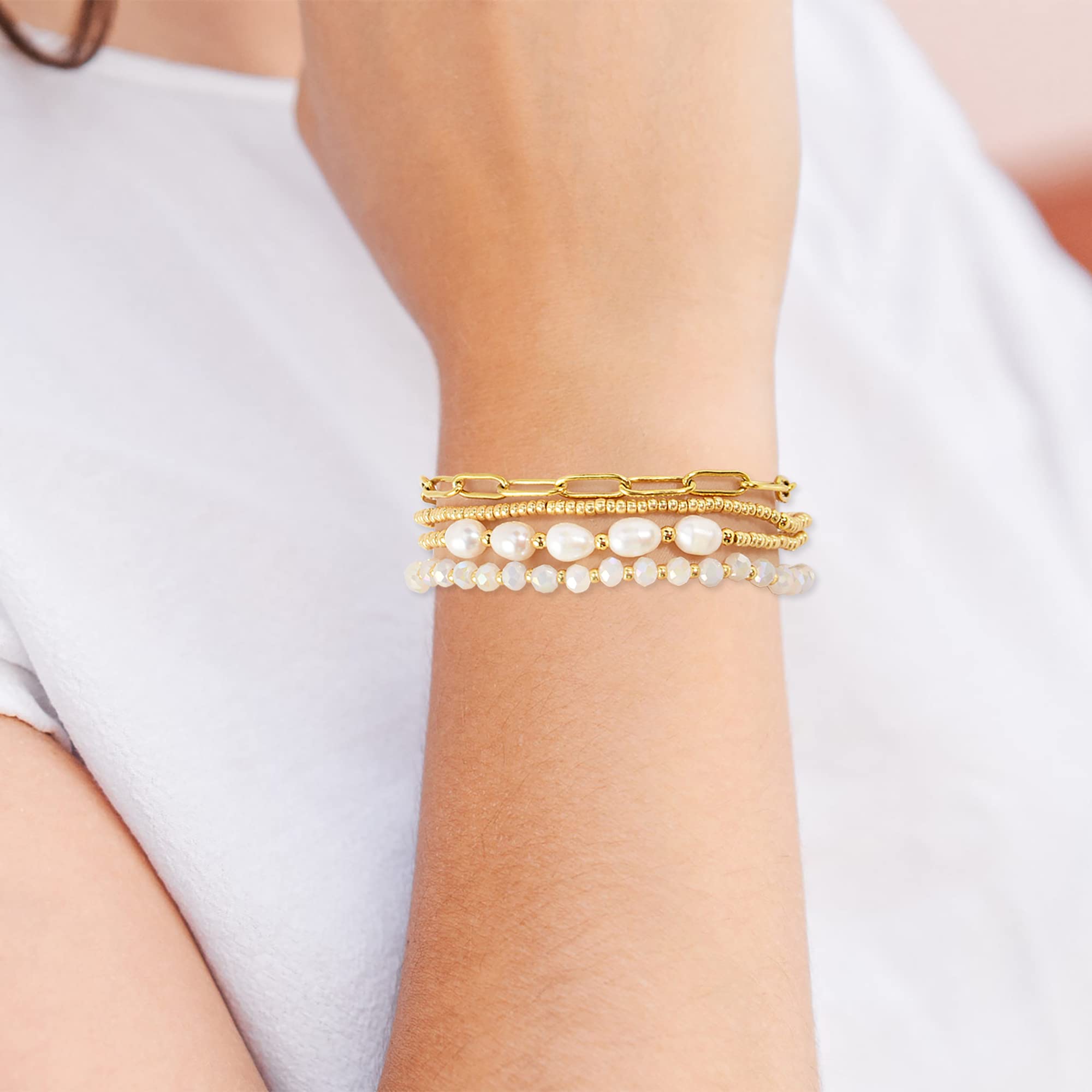 Pymach Dainty Gold Pearl Crystal Beaded Bracelets Set for Women 14K Real Gold Plated Bead Pearl Crystal Beads Bracelet Stackable Paperclip Link Chain Bracelets Gold Bracelets for Women Trendy Jewelry