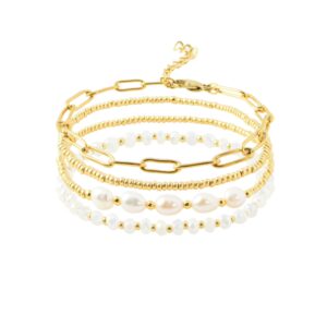 Pymach Dainty Gold Pearl Crystal Beaded Bracelets Set for Women 14K Real Gold Plated Bead Pearl Crystal Beads Bracelet Stackable Paperclip Link Chain Bracelets Gold Bracelets for Women Trendy Jewelry