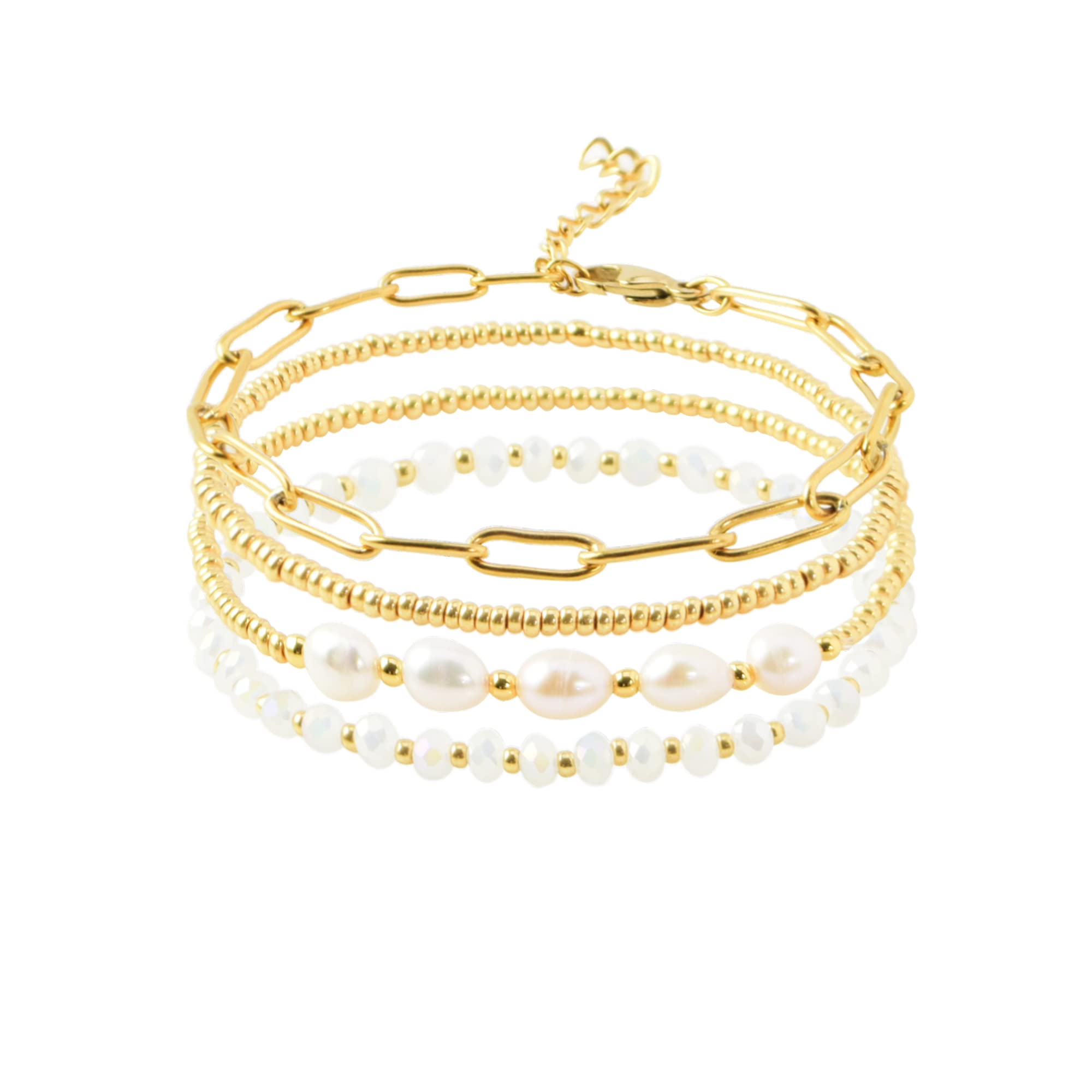 Pymach Dainty Gold Pearl Crystal Beaded Bracelets Set for Women 14K Real Gold Plated Bead Pearl Crystal Beads Bracelet Stackable Paperclip Link Chain Bracelets Gold Bracelets for Women Trendy Jewelry