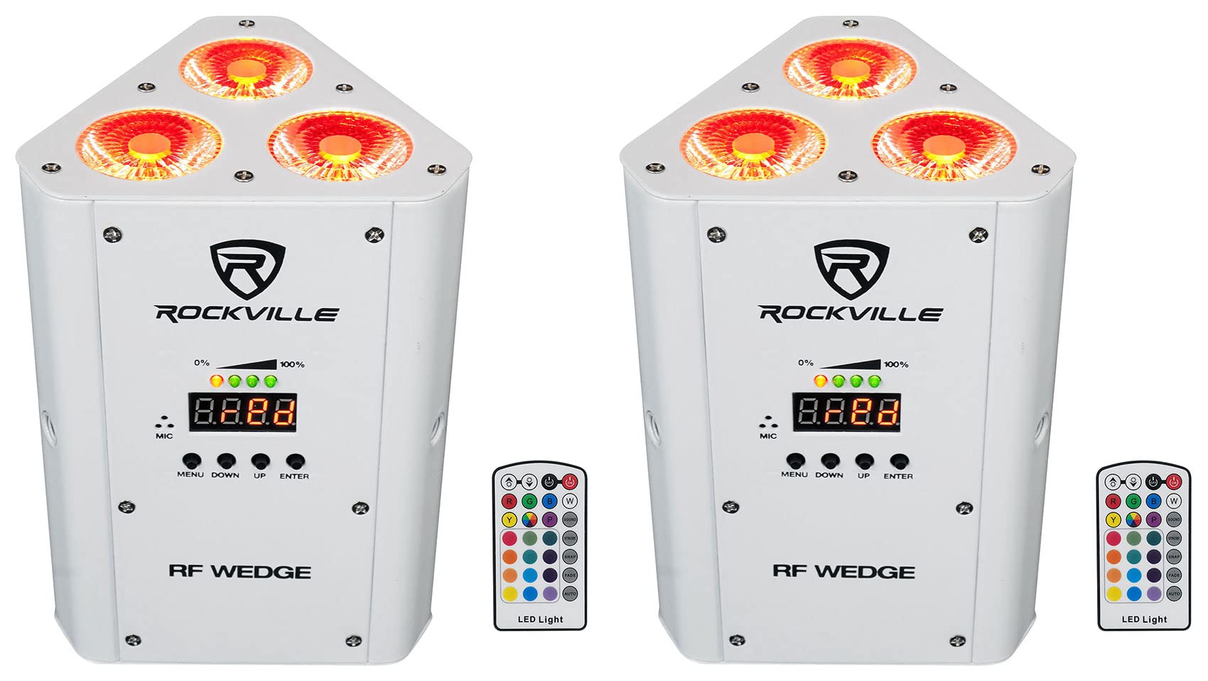 2 Rockville RF Wedge White RGBWA+UV Battery Wireless DMX DJ Up Lights+RF Remotes