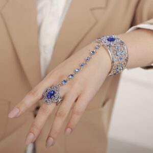 rumtock blue crystal gemstones beads hollow out statement bracelet hand chain with finger ring ajustable hand cuff for women girls halloween costume