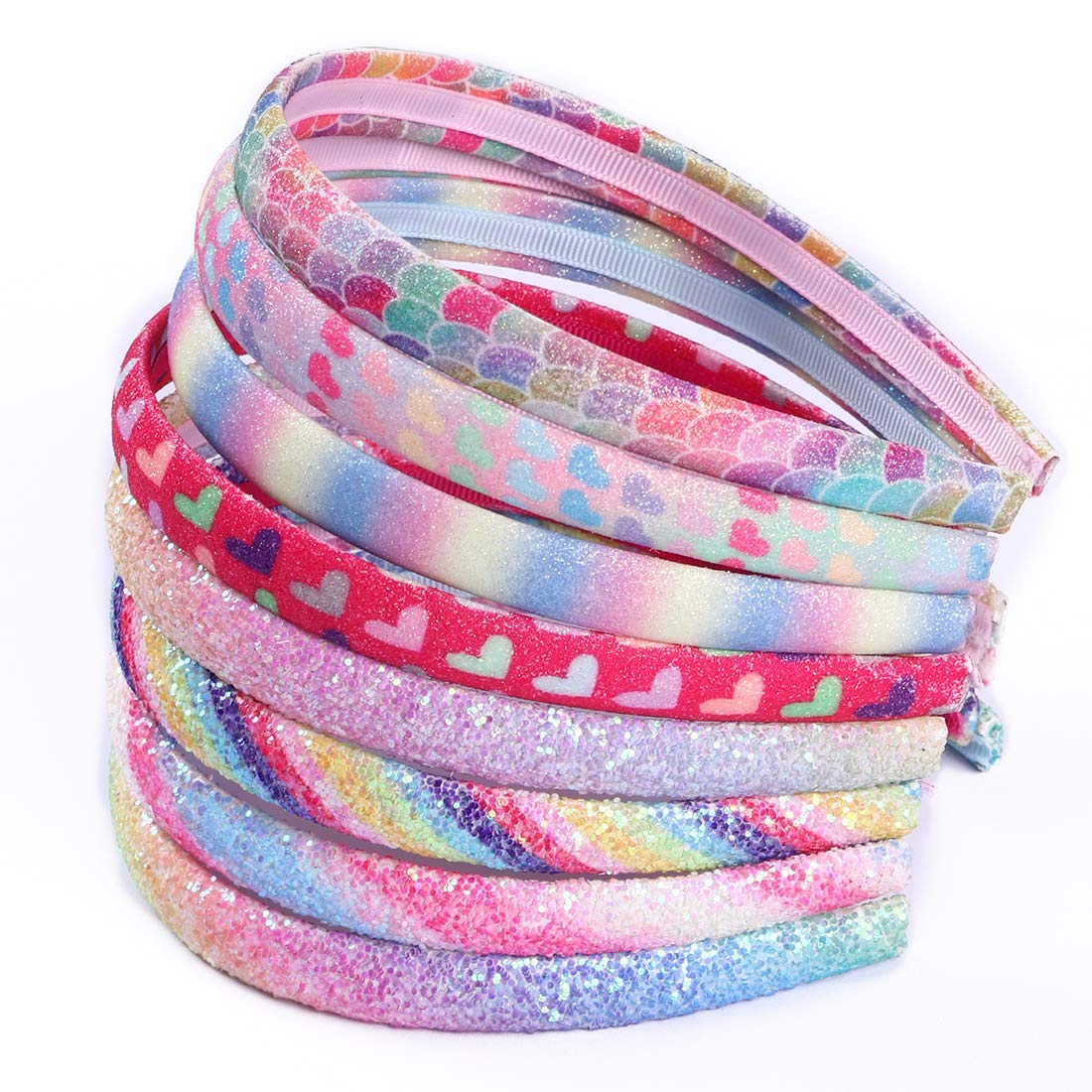 WANYU Rainbow Headbands 8 Pcs Sweet Hairband Children Head Bands For Girls Sequin Printed Heart Mermaid Headband Kids Hair Piece