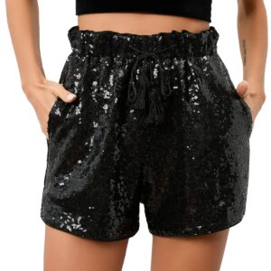 Women Summer Sequins Shorts High Waist Casual Loose A Line Hot Pants Sparkly Clubwear Night-Out Skorts (Black,XL,X-Large)