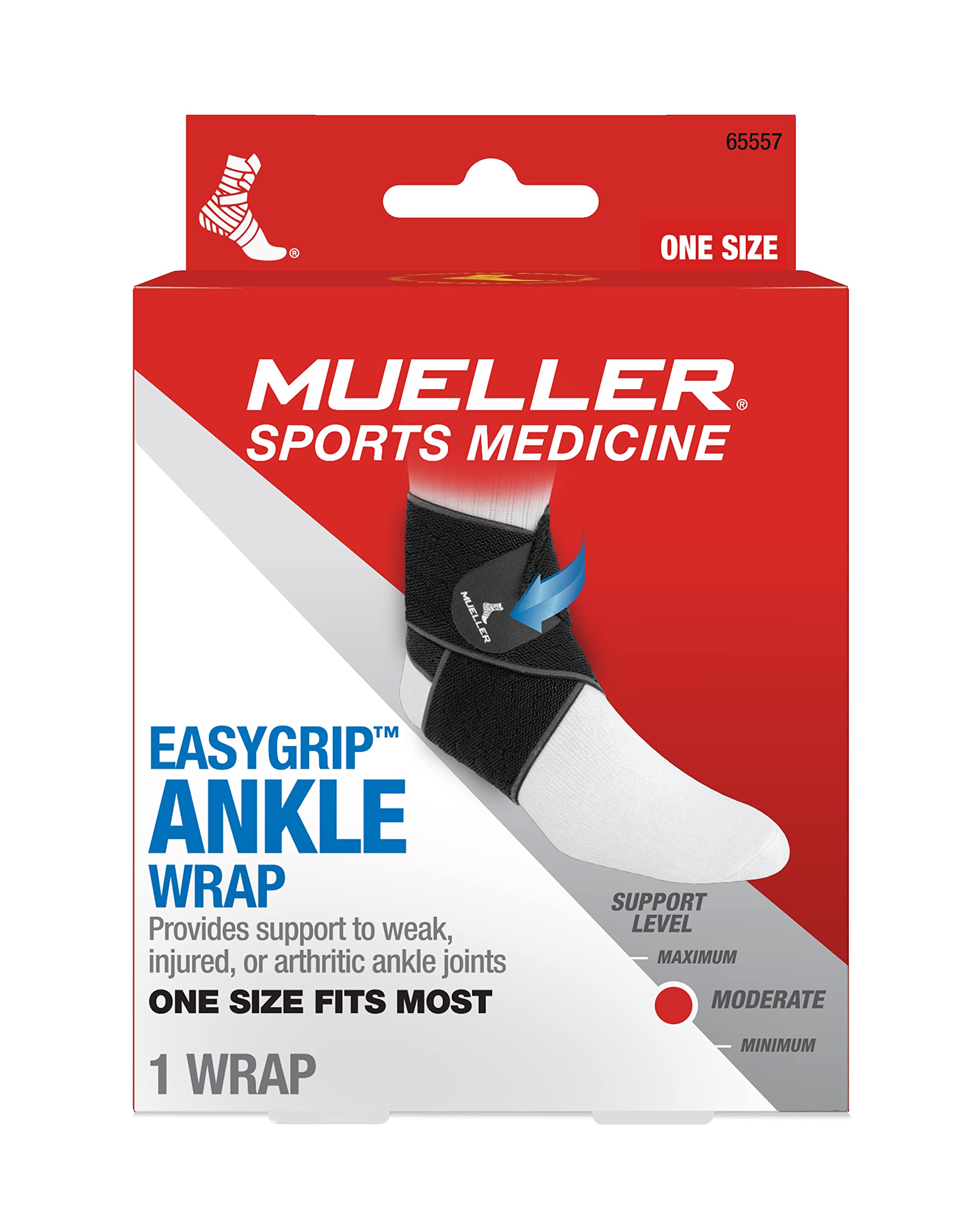 MUELLER Sports Medicine Easy Grip Adjustable Ankle Wrap, Ankle Pain Relief Support for Men and Women, Ideal for Sprains, Strains, Arthritis, Black, One Size