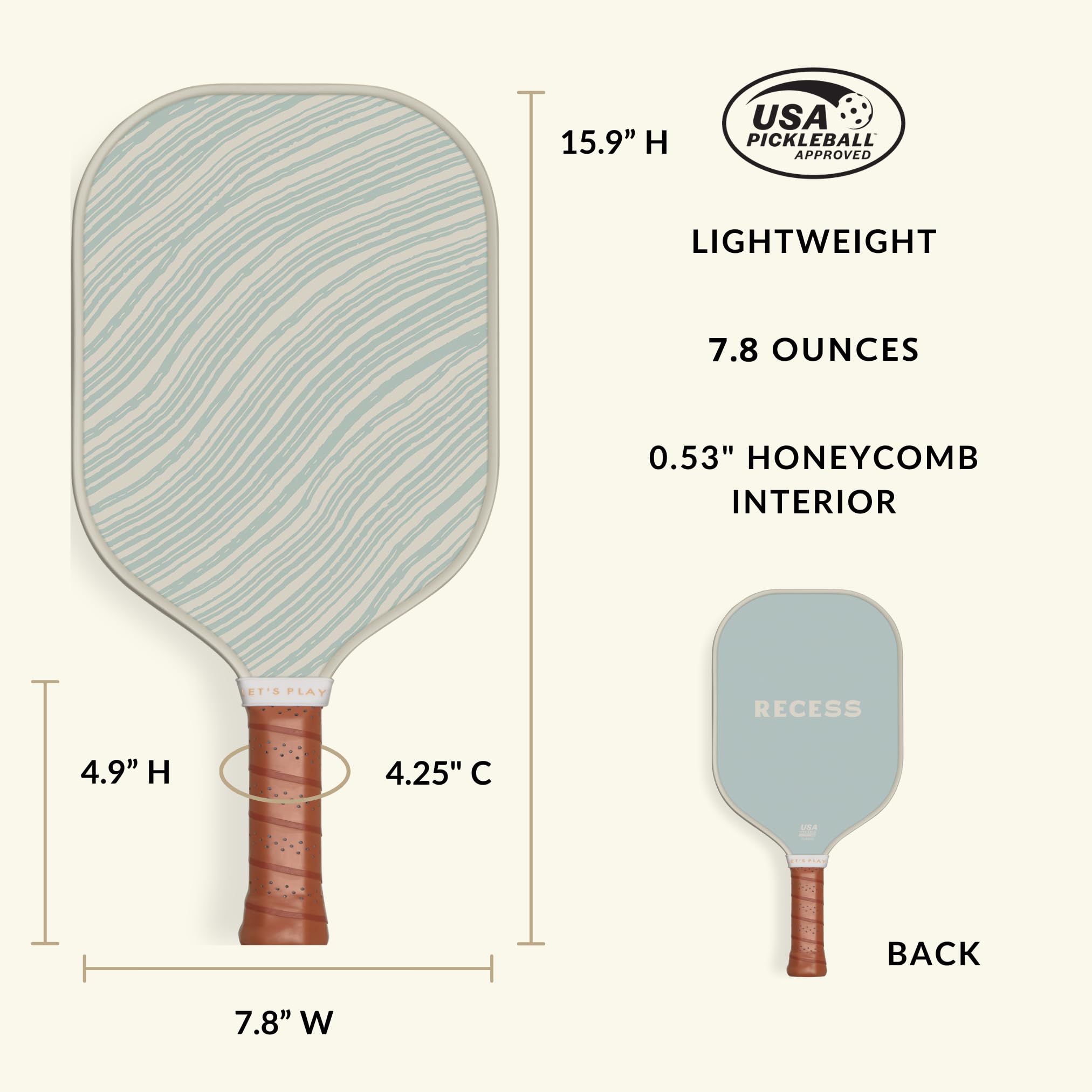 Recess Pickleball Single Paddles - Fiberglass Surface, Honeycomb Core - Sweatproof Foam Comfort Grip - Canvas Cover & Silicone Grip Ring - Tournament or Casual Play - Modern Designs - USAPA Approved