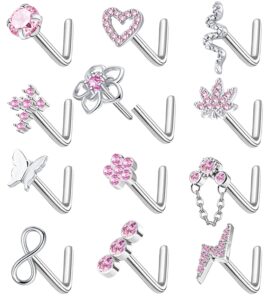 staligue 12pcs threadless push in nose rings 20g l shaped dangle push in nose studs stainless steel pushin nose screw studs for women l shaped screw studs flower heart nose push in piercing jewelry