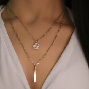 LUXSTRA 18K Gold Filled Necklace for Women | Cubic Zirconia Pave Disc Pendant Necklace with Bar Charm | Rose Gold Necklace for Women | Stackable Necklace Choker