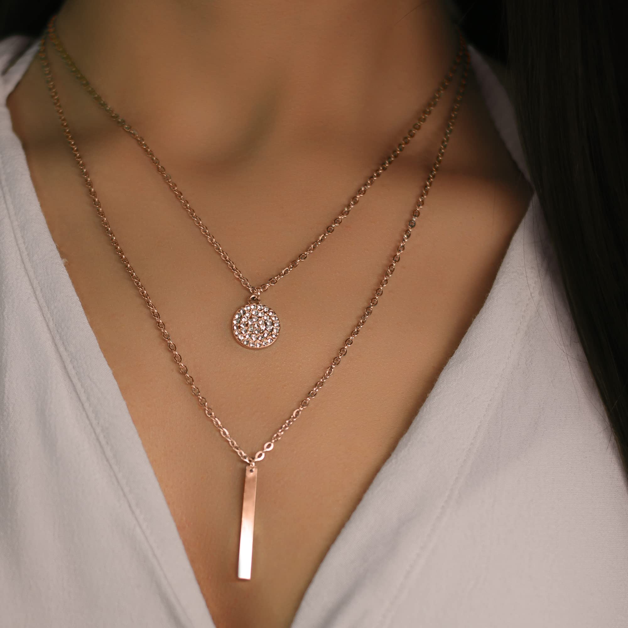 LUXSTRA 18K Gold Filled Necklace for Women | Cubic Zirconia Pave Disc Pendant Necklace with Bar Charm | Rose Gold Necklace for Women | Stackable Necklace Choker