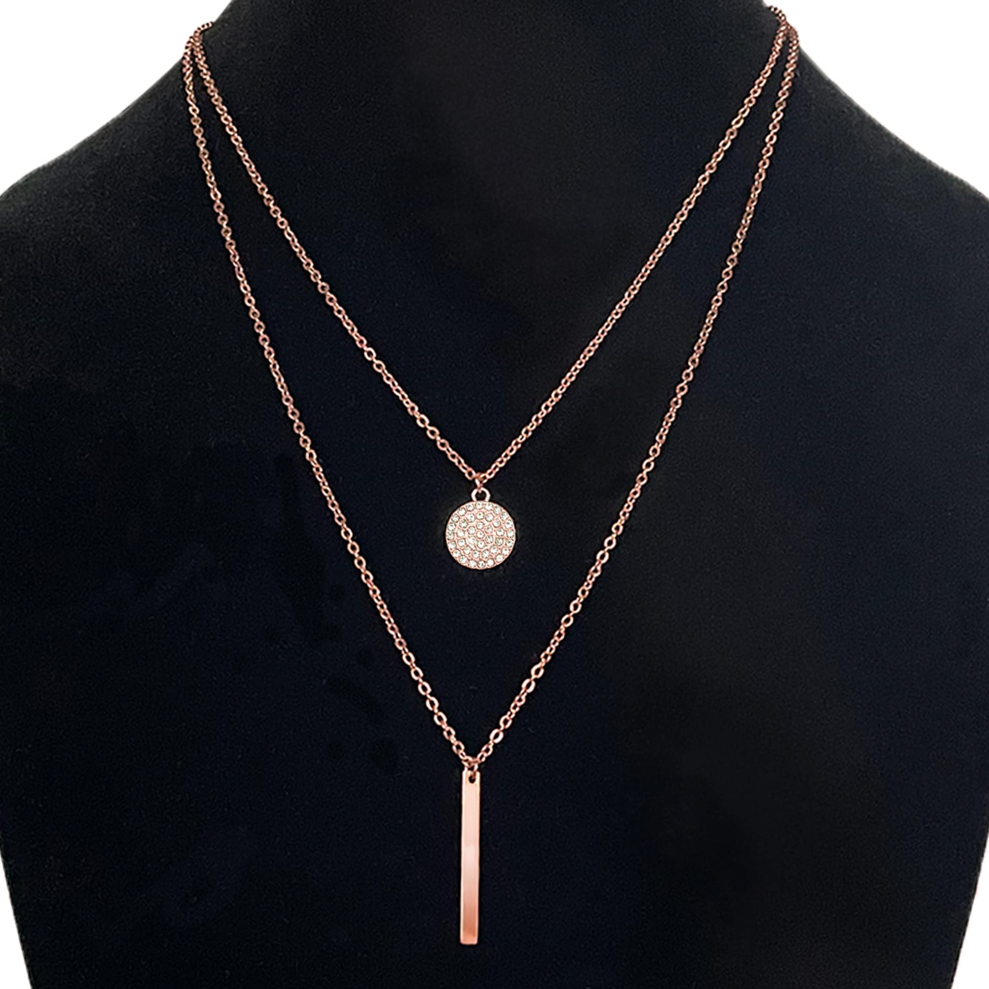 LUXSTRA 18K Gold Filled Necklace for Women | Cubic Zirconia Pave Disc Pendant Necklace with Bar Charm | Rose Gold Necklace for Women | Stackable Necklace Choker