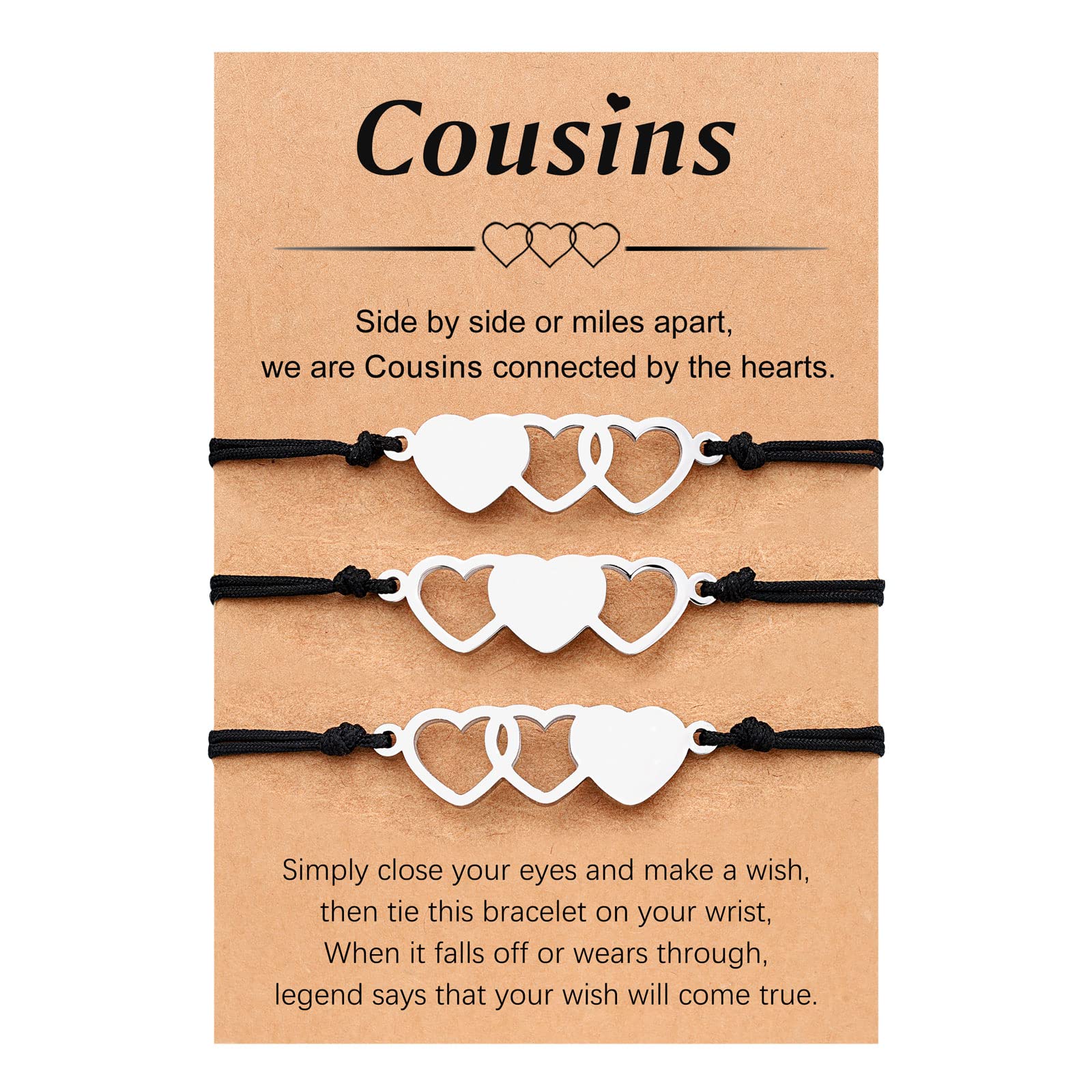 UNGENT THEM Cousin Gifts for Women, 3 Cousin Matching Heart Bracelets Birthday Christmas Gifts for Cousins Women