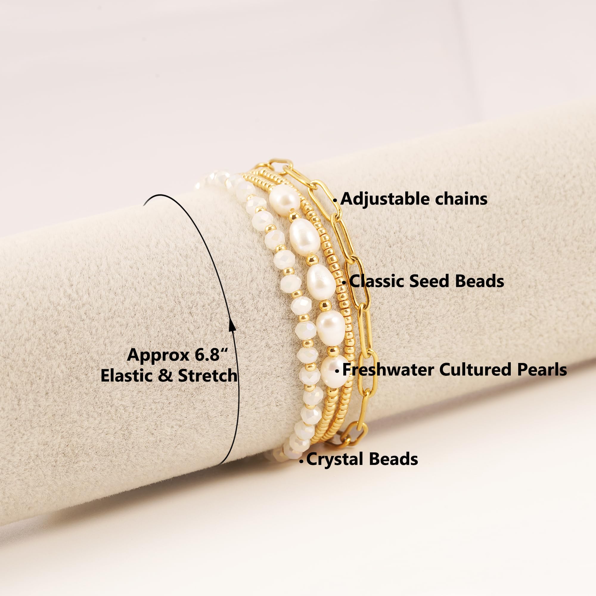 Pymach Dainty Gold Pearl Crystal Beaded Bracelets Set for Women 14K Real Gold Plated Bead Pearl Crystal Beads Bracelet Stackable Paperclip Link Chain Bracelets Gold Bracelets for Women Trendy Jewelry