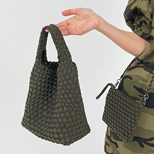 Fashion Bucket Satchel Women Neoprene Hand-Woven Tote Hobo Handbags Adjustable Shoulder Top-handle Bag with Purse for Women (Military green)