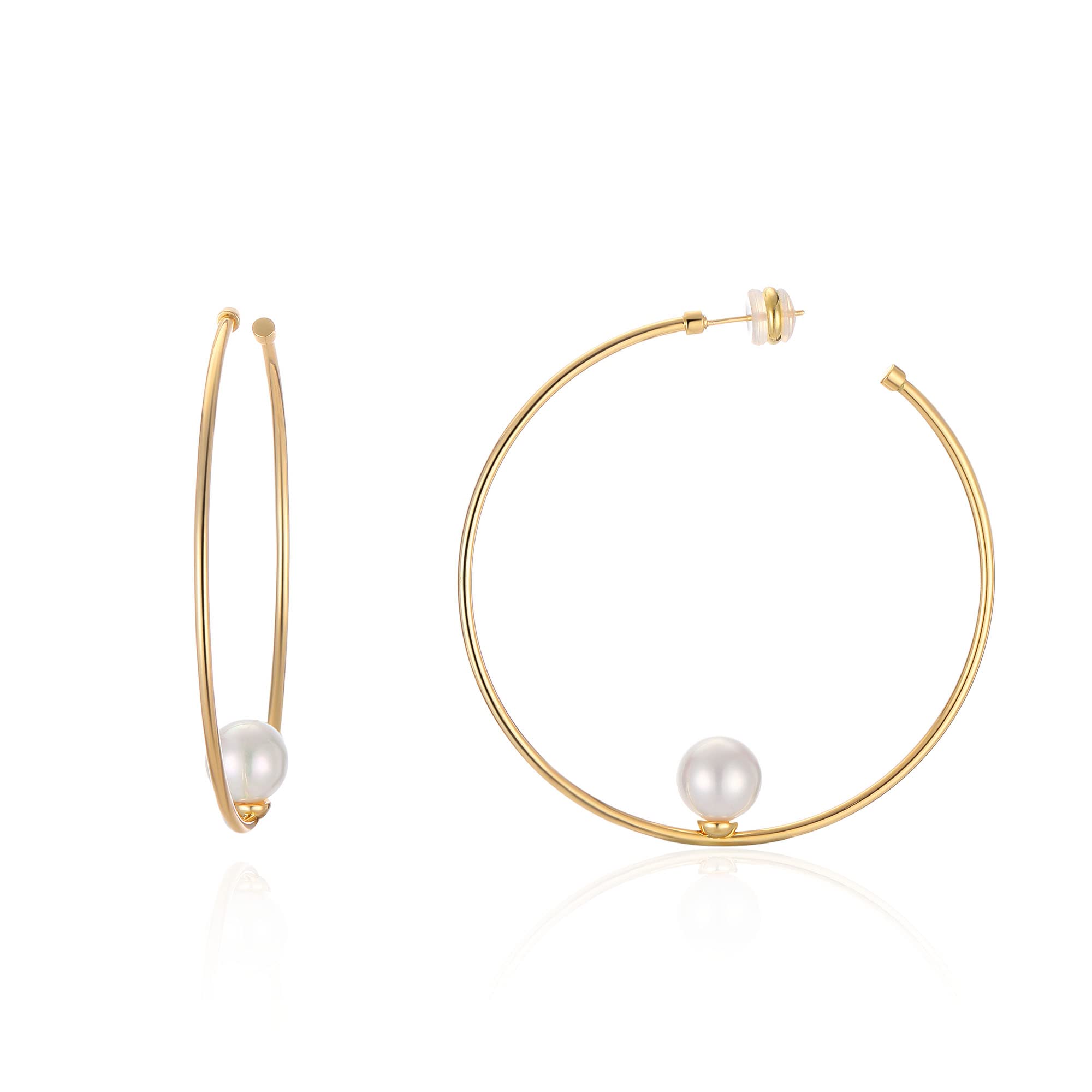 HUONGWIN Large Silver Pearl and 14k Gold Plated Hoop Earrings for Women