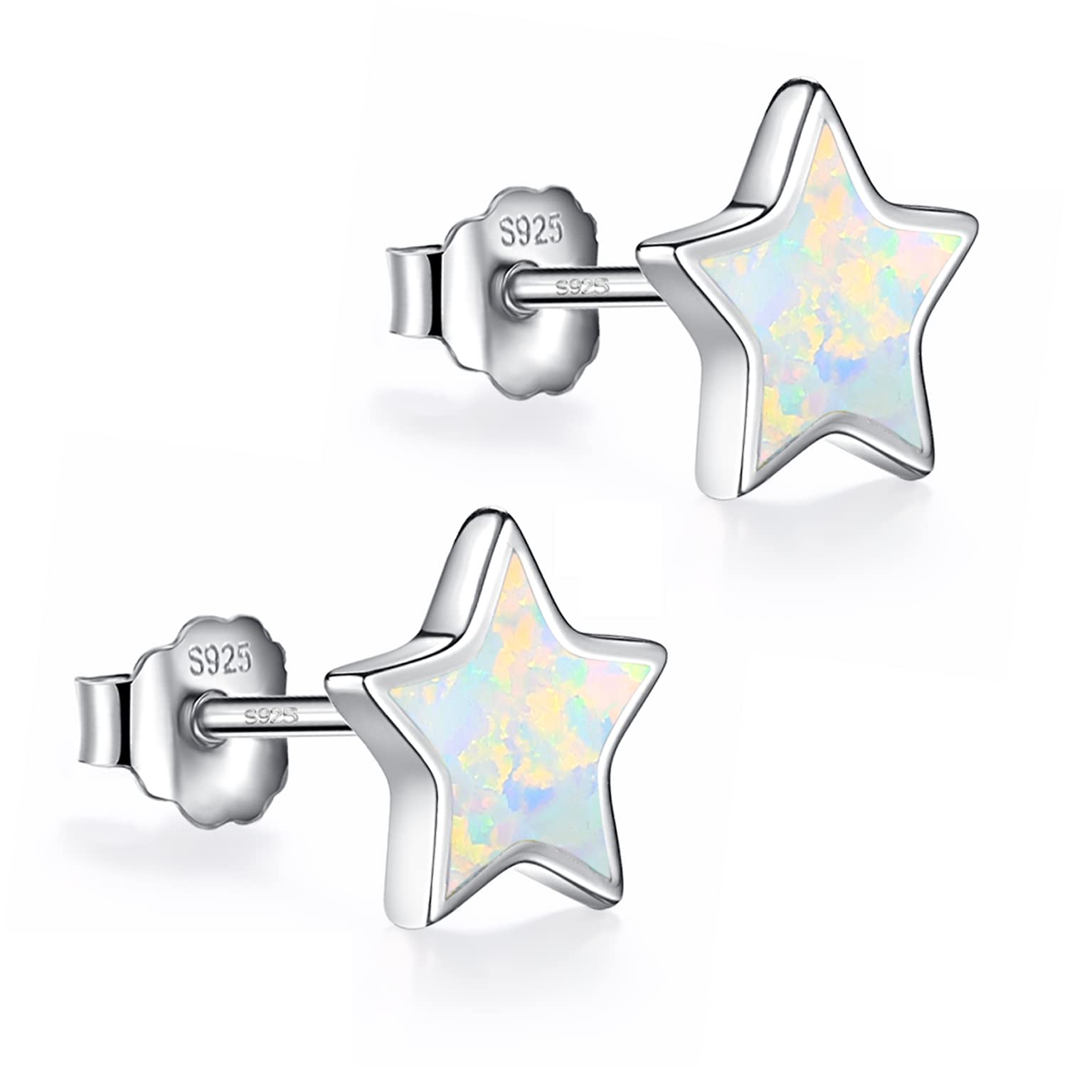 White Gold Plated Sterling Silver Opal Stud Earrings 3mm-8mm Options, Simulated Opal Dot Studs Hypoallergenic Jewelry (7, White-Star)