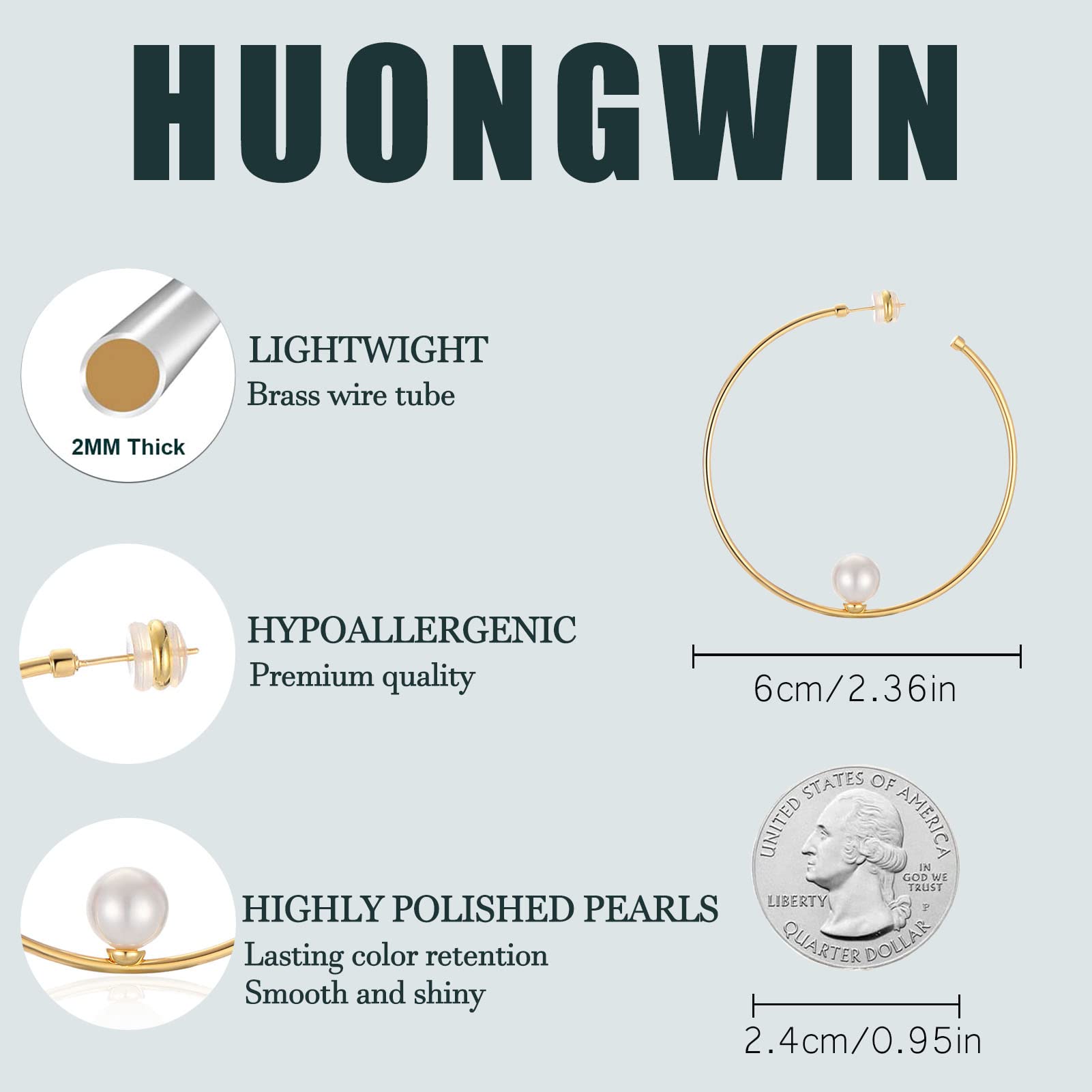 HUONGWIN Large Silver Pearl and 14k Gold Plated Hoop Earrings for Women