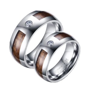 epinki wedding rings silver, 8mm tungsten ring with wood inlay white round cubic zirconia band ring 2pcs couple rings women size 8 & men size 12